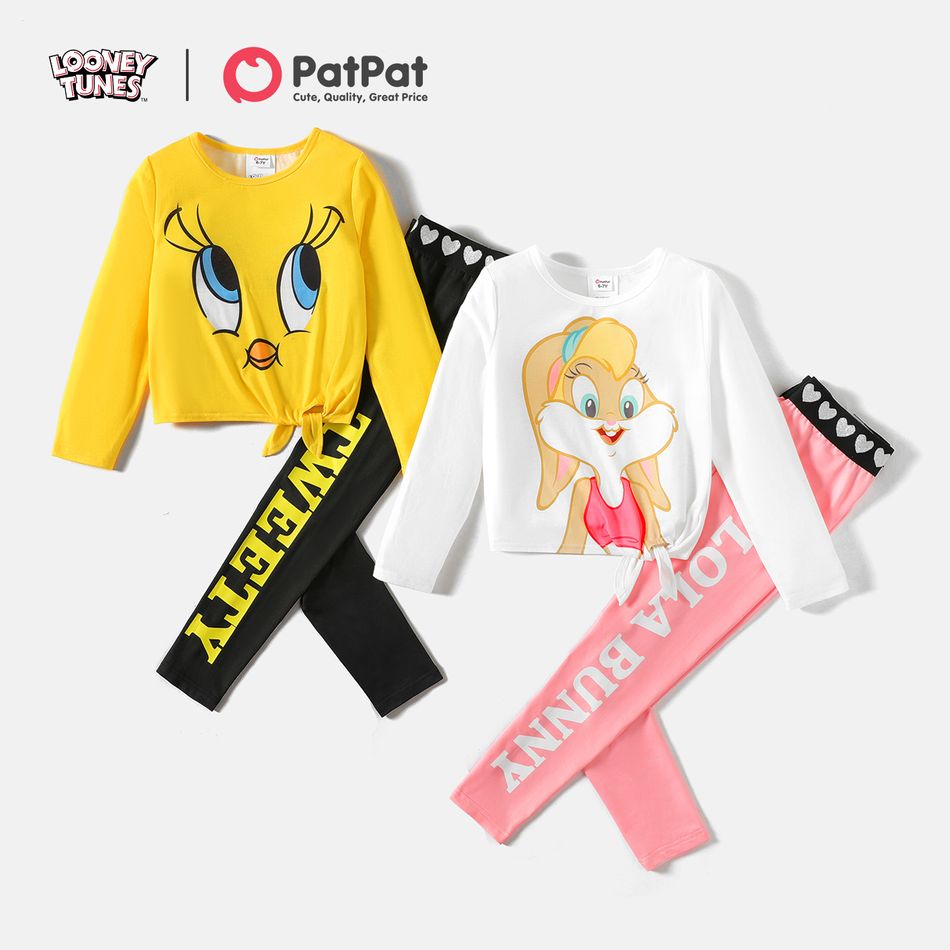 Looney Tunes 2pcs Kid Girl Character Print Tie Knot Long-sleeve Tee and Letter Print Leggings Set Yellow