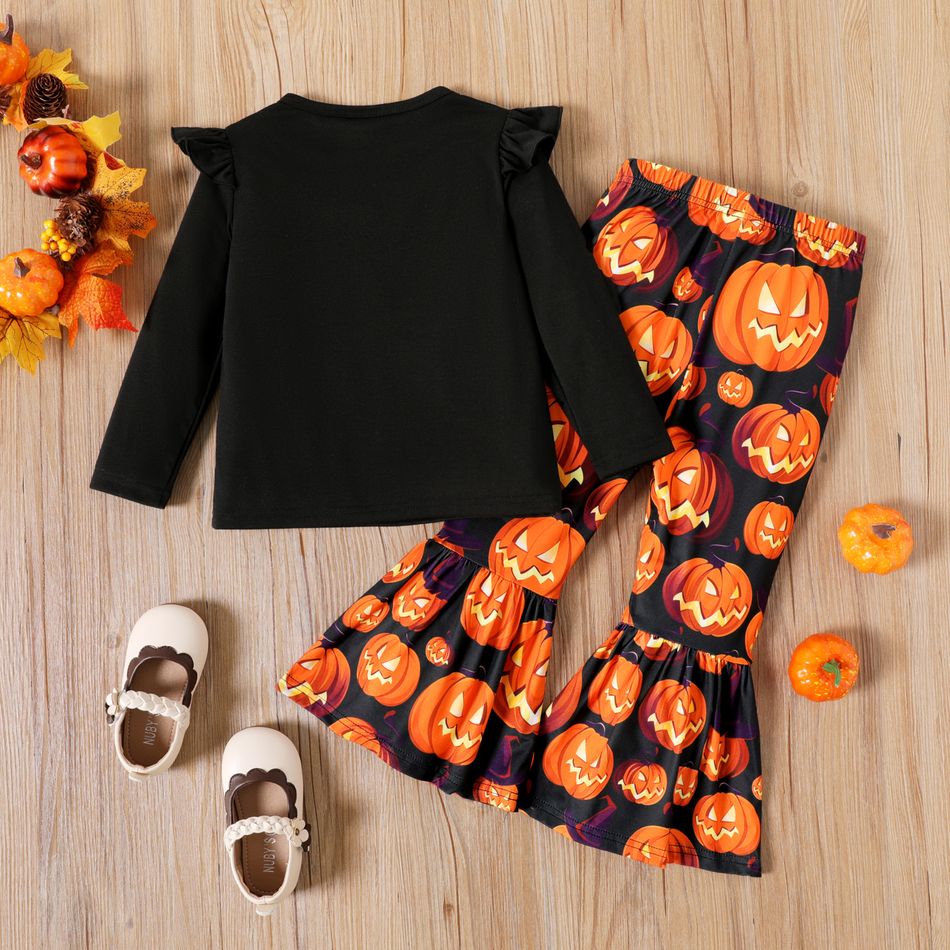 2pcs Toddler Girl Halloween Graphic Print Ruffled Long-sleeve Tee and Flared Pants Set Black big image 2