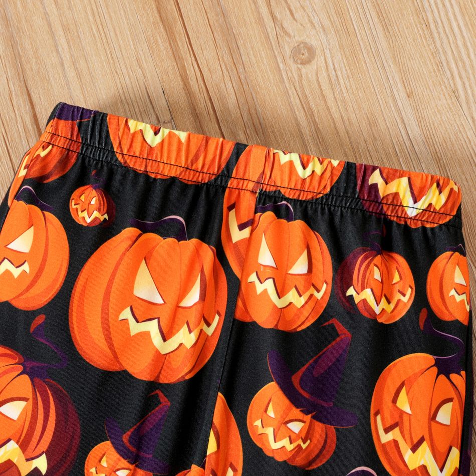 2pcs Toddler Girl Halloween Graphic Print Ruffled Long-sleeve Tee and Flared Pants Set Black big image 5