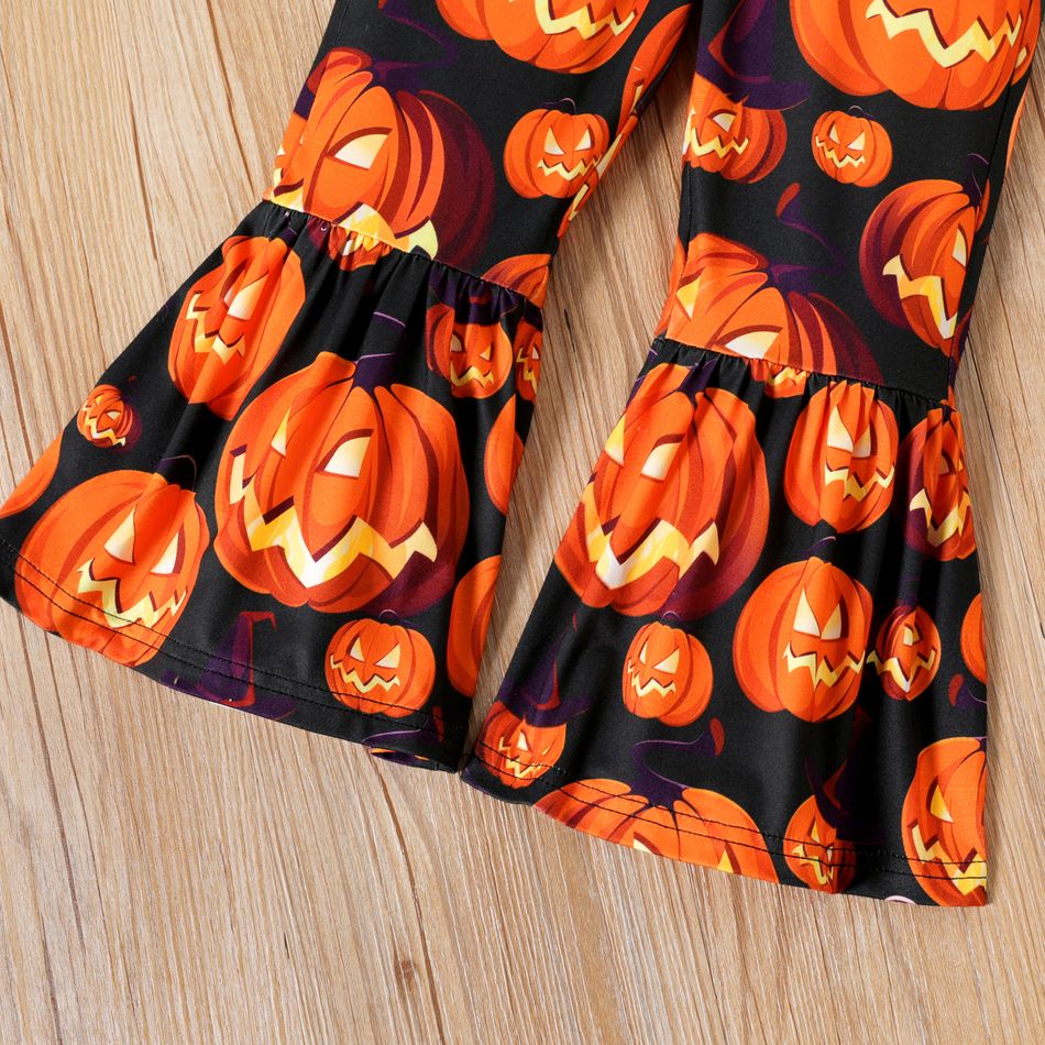 2pcs Toddler Girl Halloween Graphic Print Ruffled Long-sleeve Tee and Flared Pants Set Black big image 4