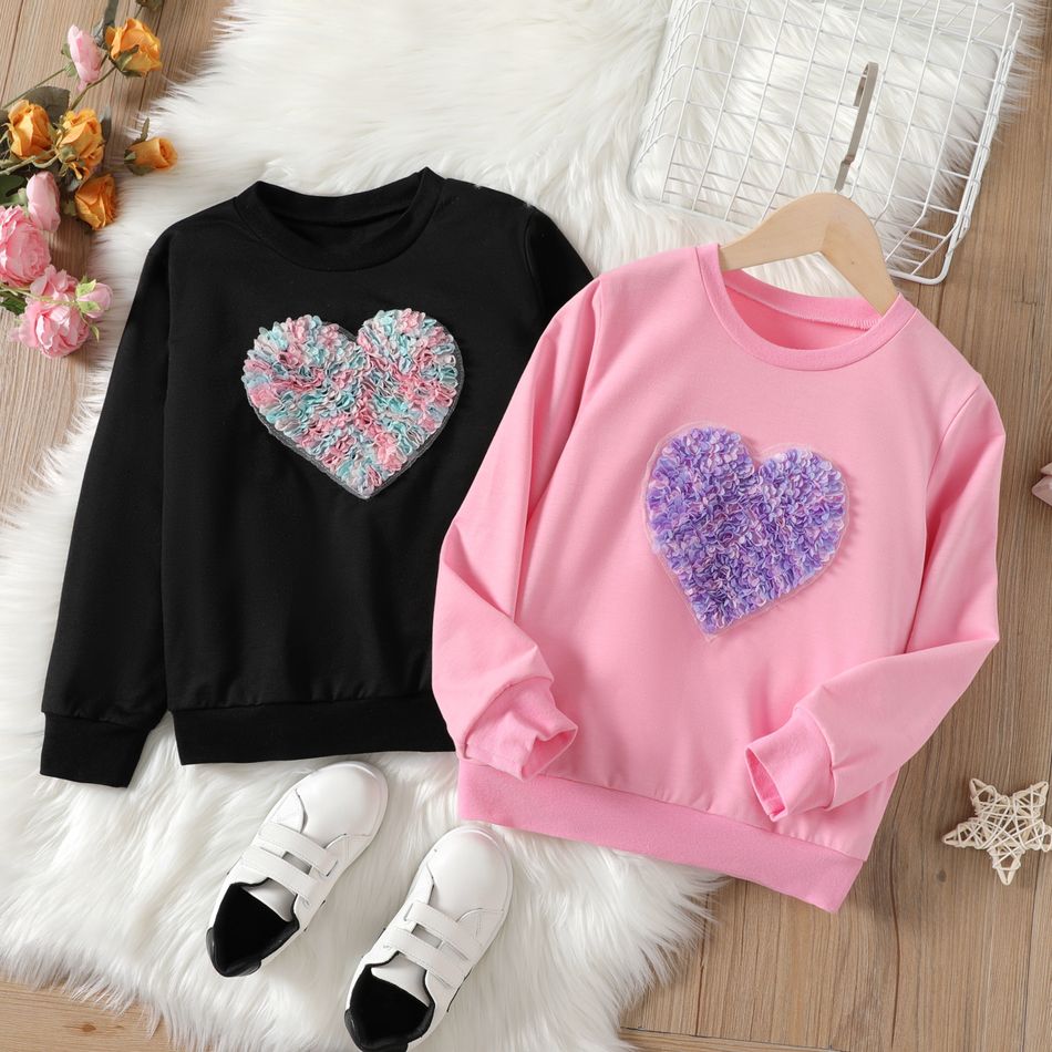 Kid Girl Heart 3D Floral Design Pullover Sweatshirt Pink big image 2