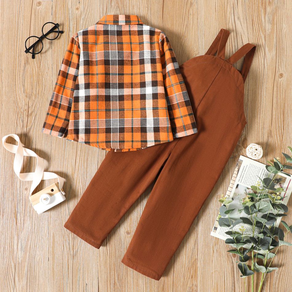 2-piece Toddler Boy Plaid Lapel Collar Shirt and Solid Overalls Brown Set Brown big image 2