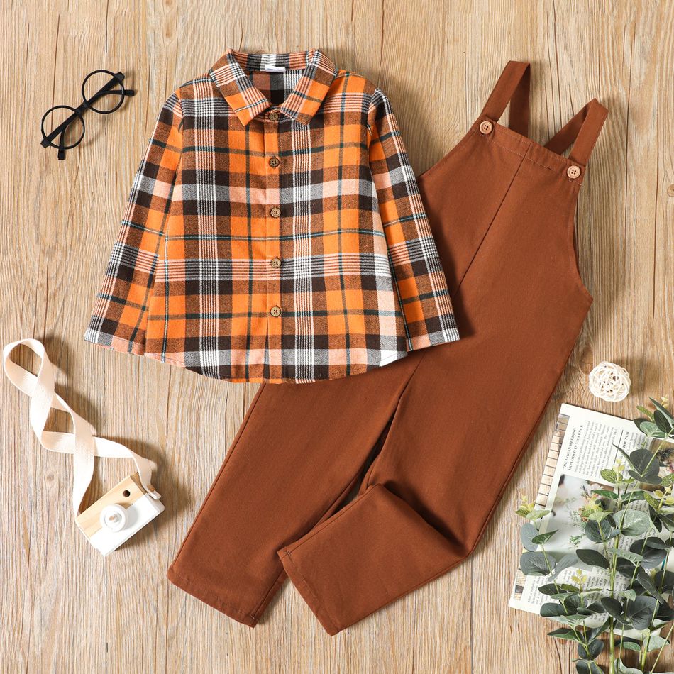 2-piece Toddler Boy Plaid Lapel Collar Shirt and Solid Overalls Brown Set Brown big image 1
