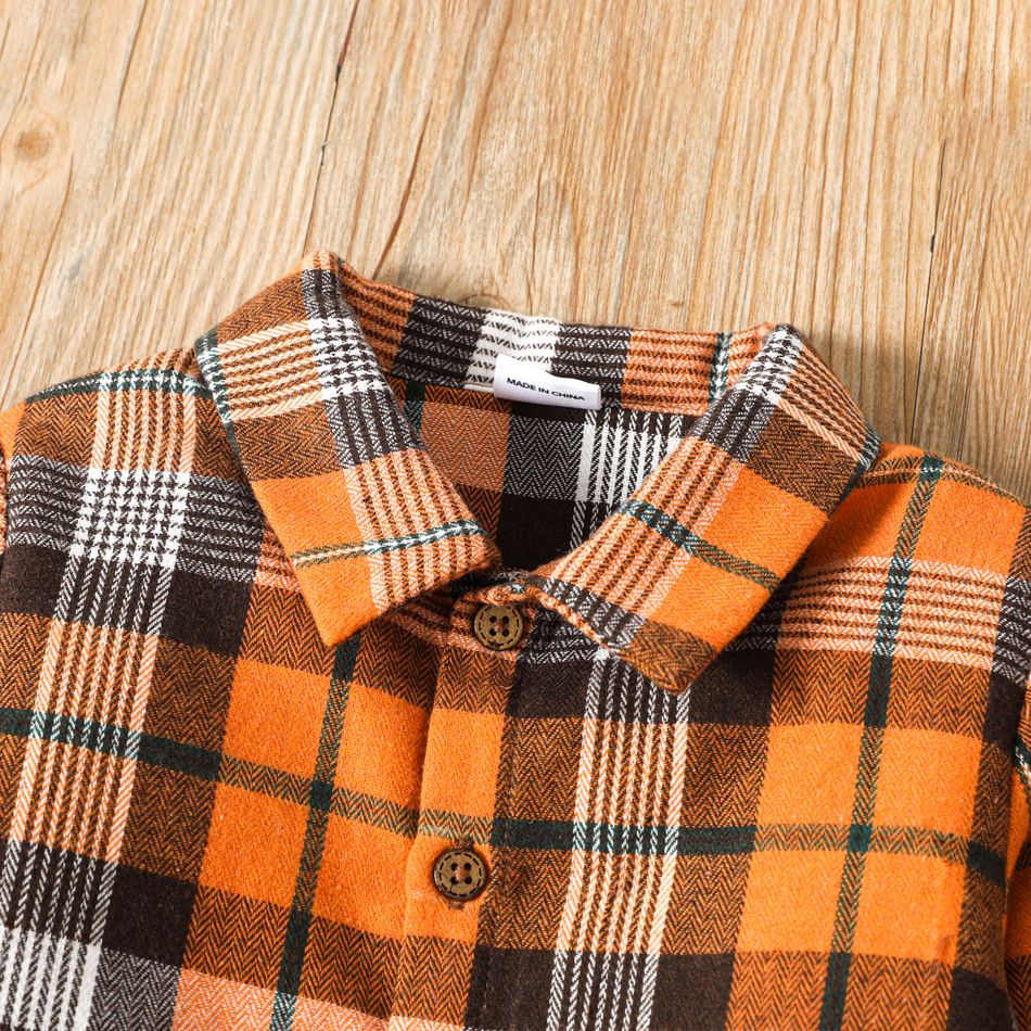 2-piece Toddler Boy Plaid Lapel Collar Shirt and Solid Overalls Brown Set Brown big image 3