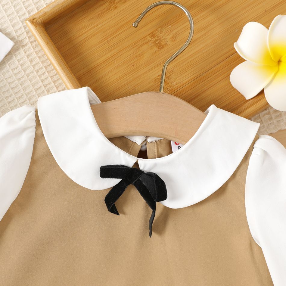 2pcs Baby Girl Peter Pan Collar Long-sleeve Faux-two Top and Double Breasted Split Skirt Set Khaki big image 3
