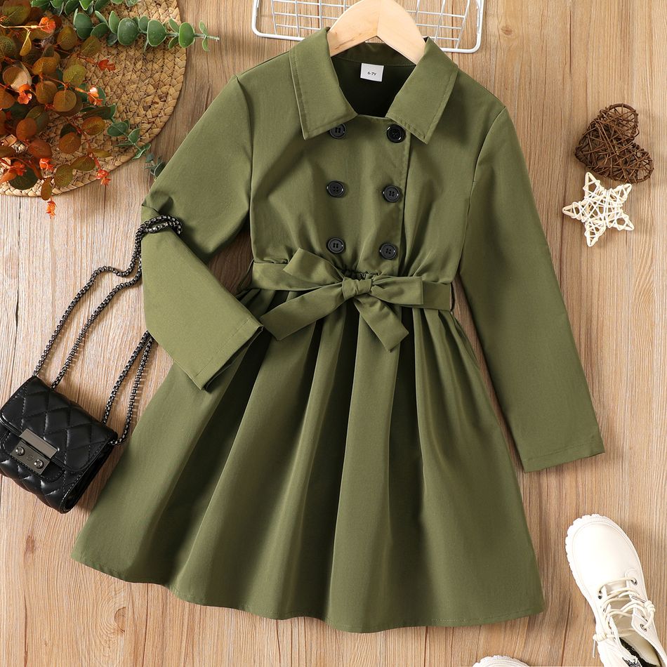 Kid Girl Lapel Collar Double Breasted Belted Long-sleeve Solid Color Dress Green