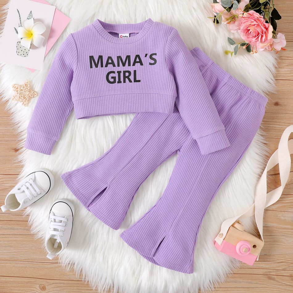 2pcs Baby Girl Letter Print Long-sleeve Waffle Textured Crop Top and Flared Pants Set Light Purple big image 2