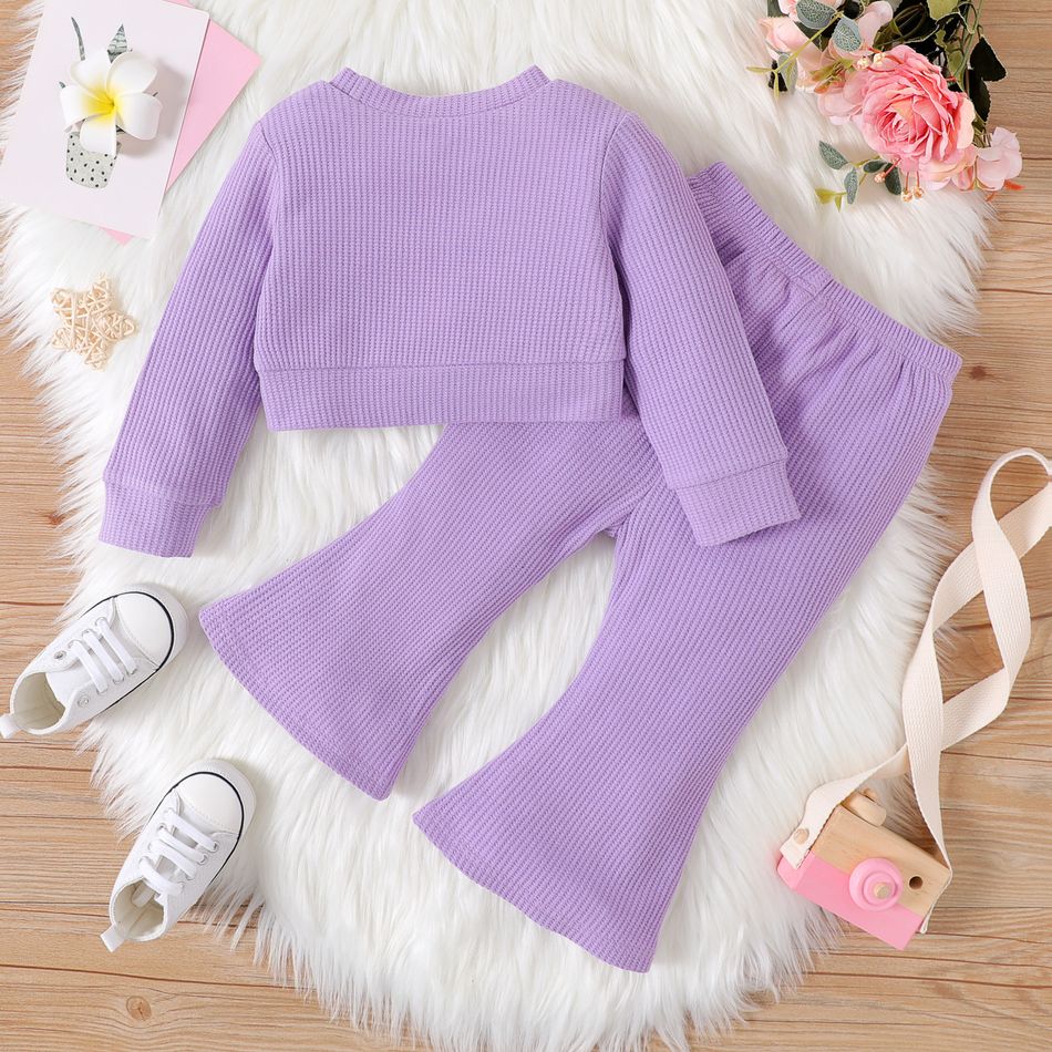 2pcs Baby Girl Letter Print Long-sleeve Waffle Textured Crop Top and Flared Pants Set Light Purple big image 3