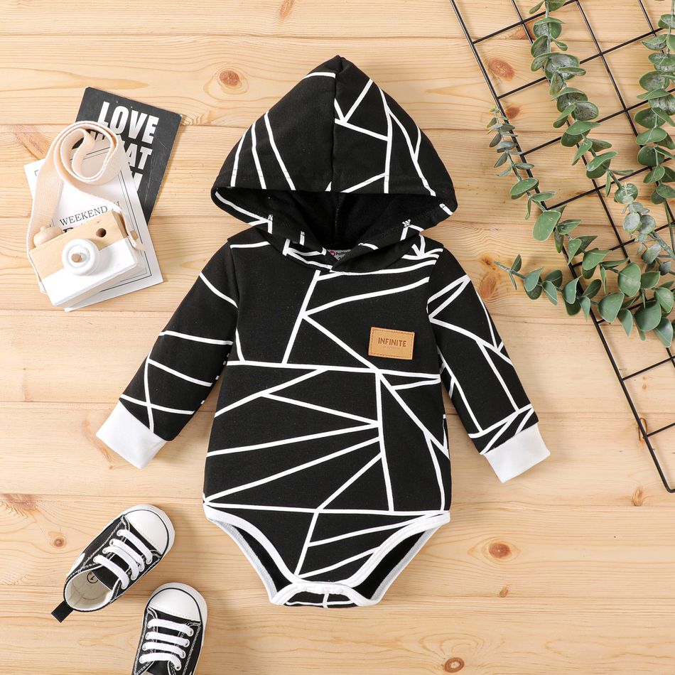 Baby Boy/Girl Badge Detail Allover Geo Print Hooded Long-sleeve Romper Black