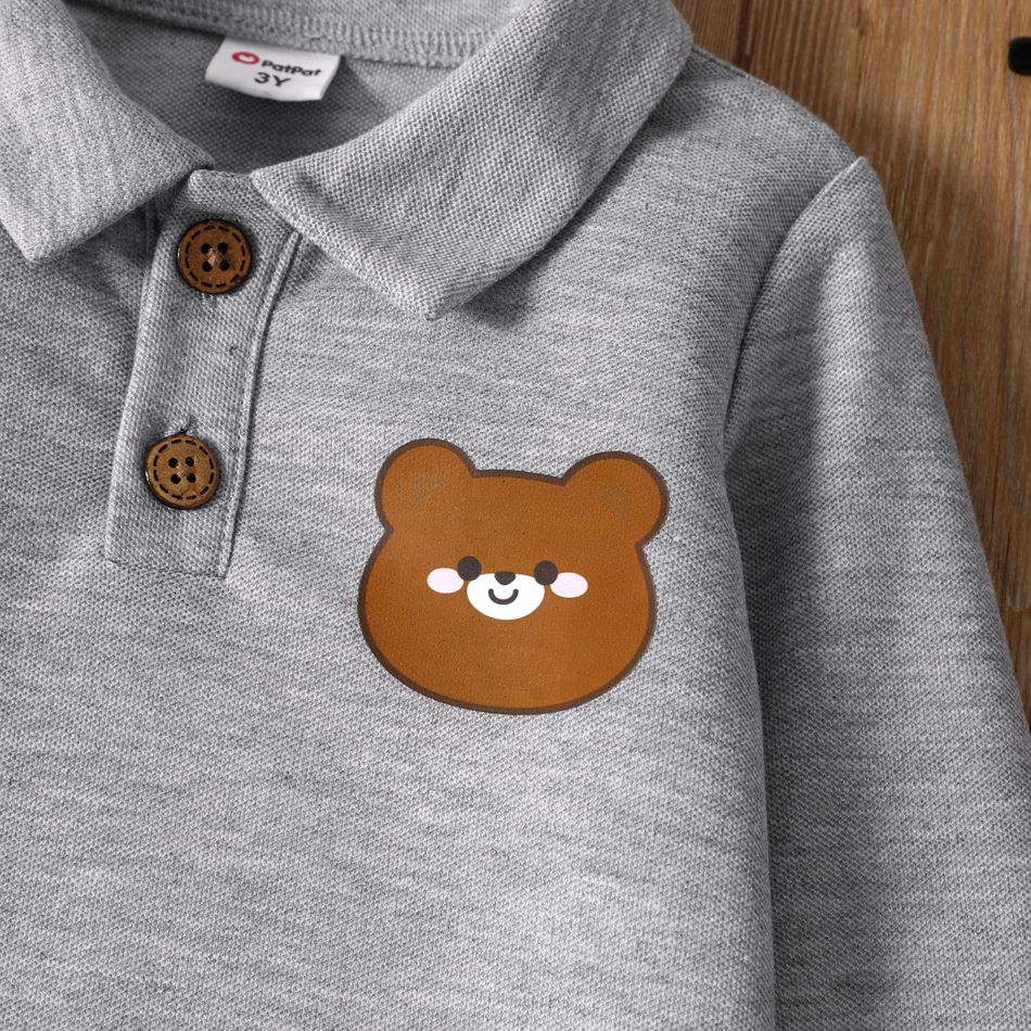 Toddler Girl Animal Bear Print Long-sleeve Polo Tee Lightgrey big image 5