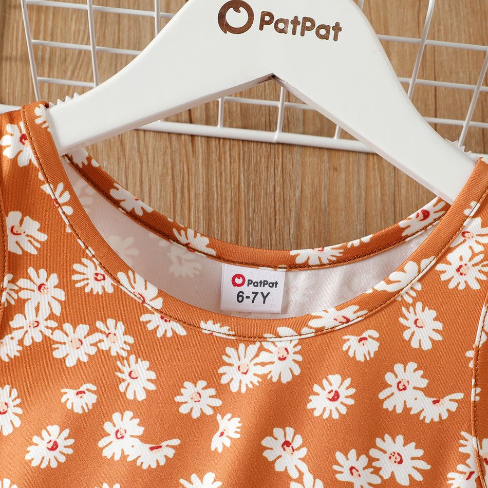 2pcs Kid Girl Floral Print Sleeveless Dress and Button Design Cardigan Jacket Set Apricot big image 2