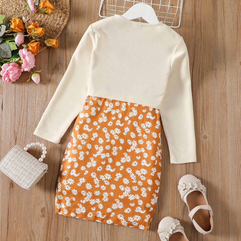 2pcs Kid Girl Floral Print Sleeveless Dress and Button Design Cardigan Jacket Set Apricot big image 5