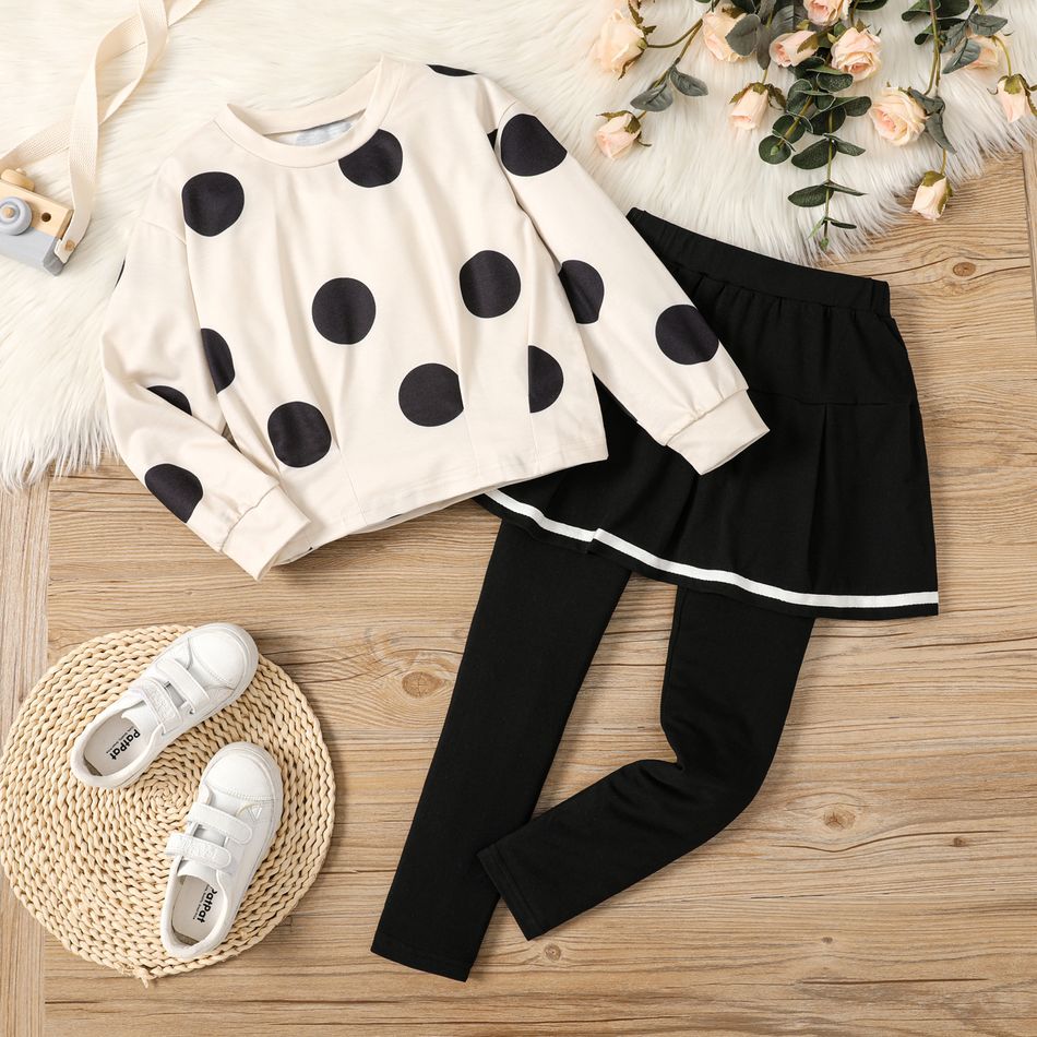 2pcs Kid Girl Polka dots Long-sleeve Pleated Hem Tee and Faux-two Skirt Leggings Set Apricot