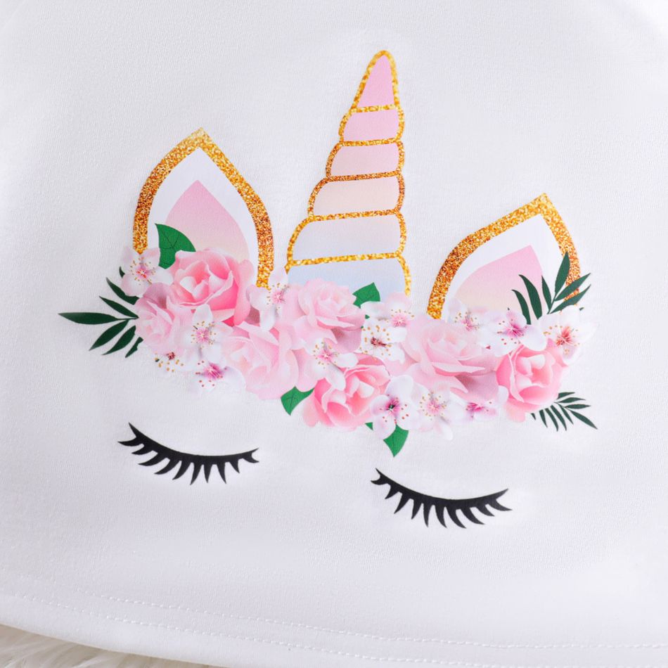 2pcs Toddler Girl Unicorn Floral Print Long-sleeve White Tee and Letter Print Skirt Set White big image 4