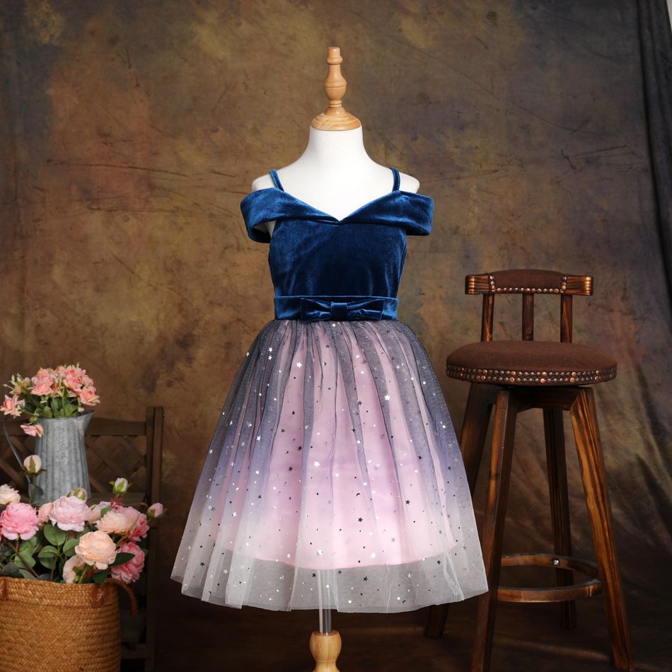 Kid Girl Princess Velvet Mesh Splice Star Glitter Design Off Shoulder Party Strap Dress Blue big image 2