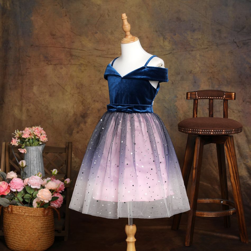 Kid Girl Princess Velvet Mesh Splice Star Glitter Design Off Shoulder Party Strap Dress Blue big image 3