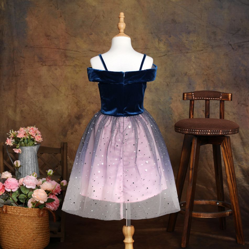 Kid Girl Princess Velvet Mesh Splice Star Glitter Design Off Shoulder Party Strap Dress Blue big image 4
