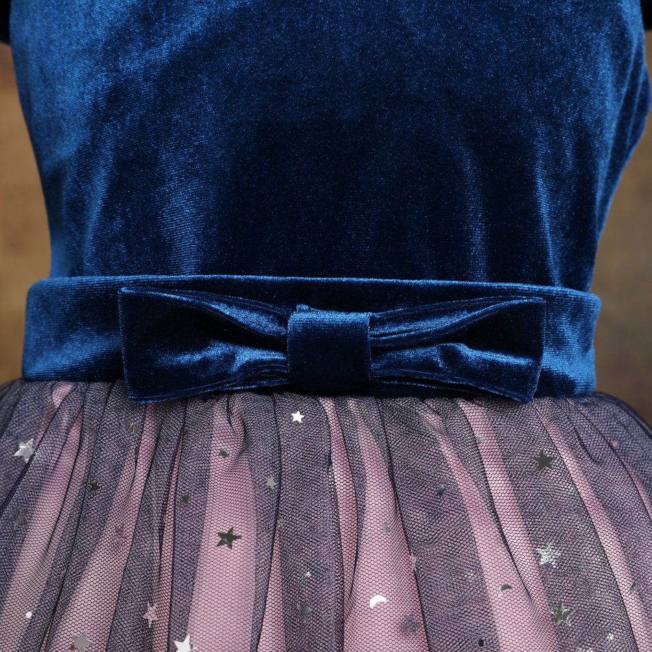 Kid Girl Princess Velvet Mesh Splice Star Glitter Design Off Shoulder Party Strap Dress Blue big image 6