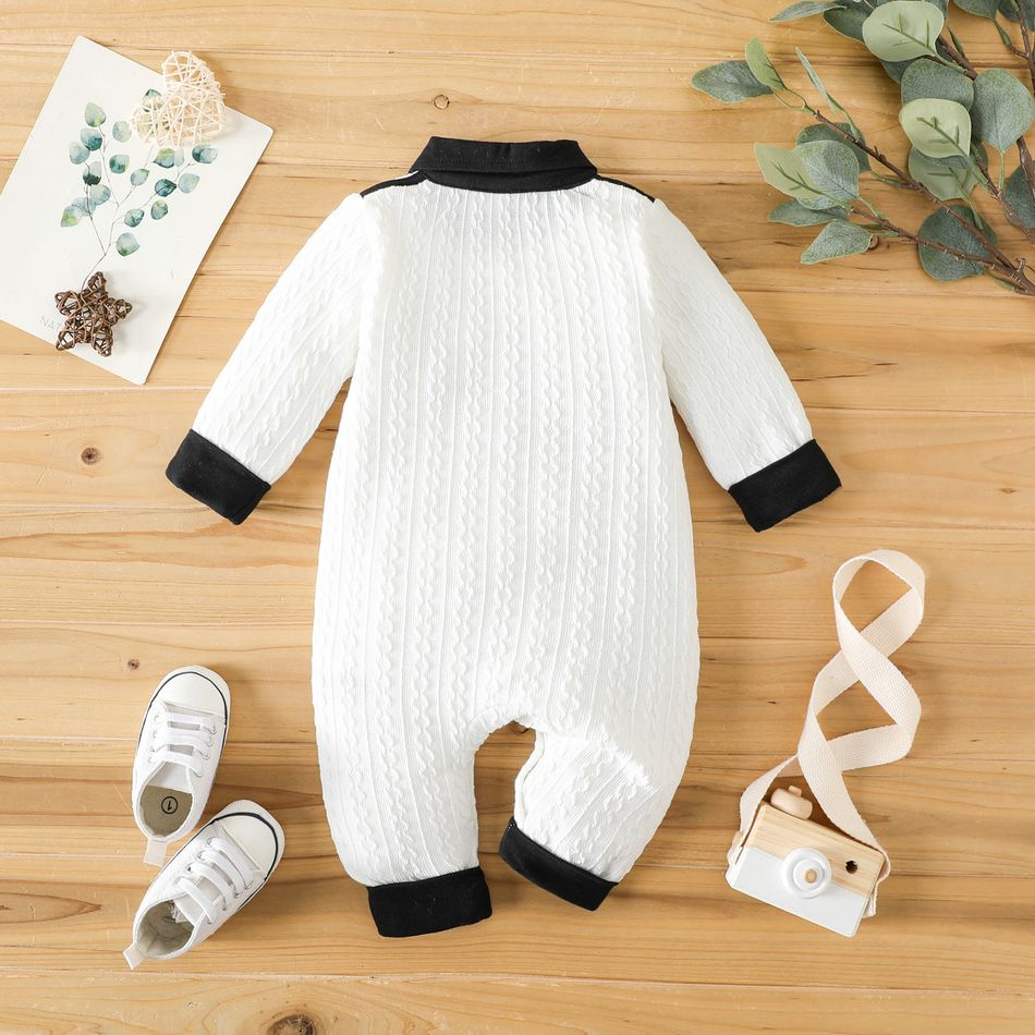 Baby Boy Bear Decor Contrast Collar Cable Knit Long-sleeve Jumpsuit White big image 4