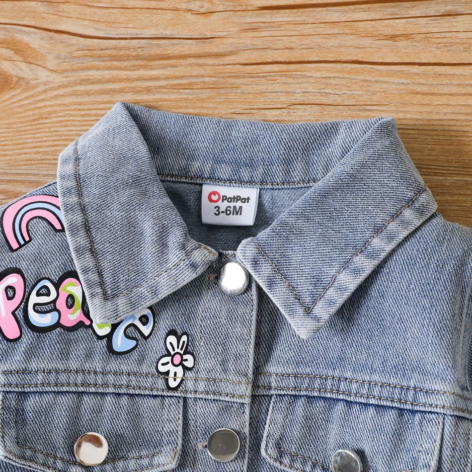 100% Cotton Baby Girl Button Front Long-sleeve Colorful Letter Print Denim Jacket Blue big image 4
