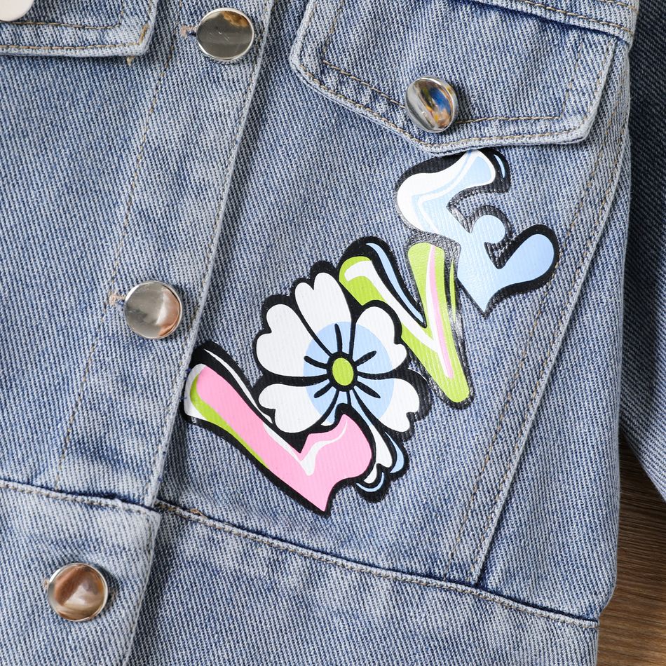 100% Cotton Baby Girl Button Front Long-sleeve Colorful Letter Print Denim Jacket Blue