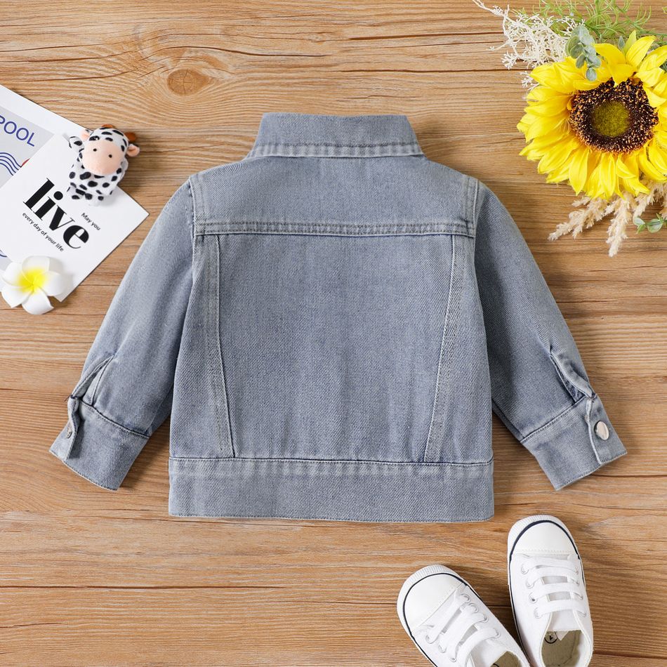 100% Cotton Baby Girl Button Front Long-sleeve Colorful Letter Print Denim Jacket Blue big image 2