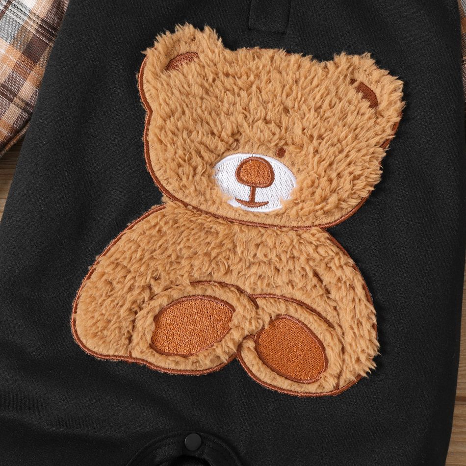 Baby Boy 95% Cotton Bear Embroidered Spliced Plaid Hooded Long-sleeve Jumpsuit Color block big image 4