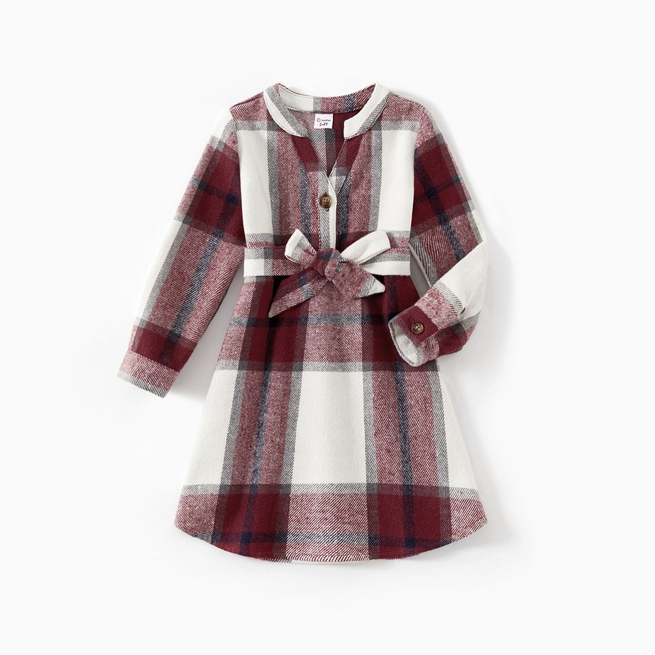 Family Matching Long-sleeve Red & White Plaid Shirts and V Neck Belted Dresses Sets REDWHITE big image 3