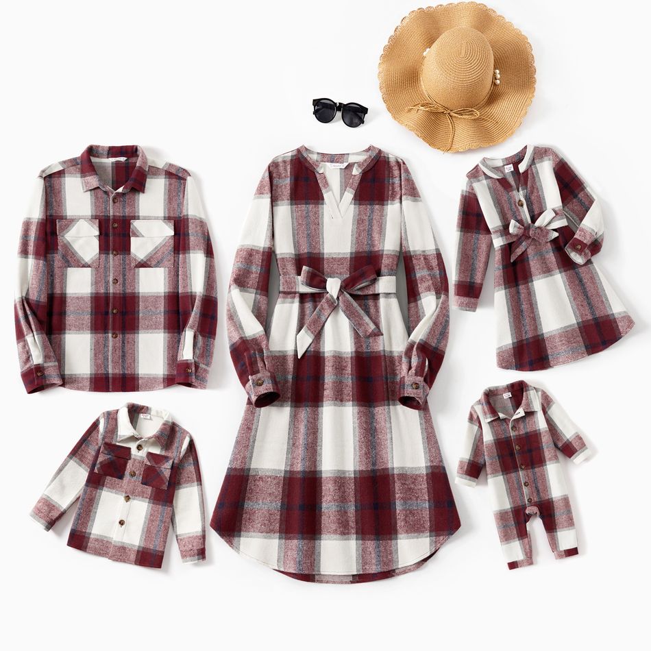 Family Matching Long-sleeve Red & White Plaid Shirts and V Neck Belted Dresses Sets REDWHITE
