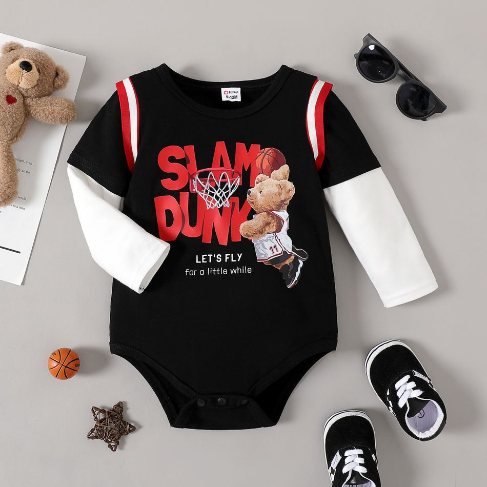 Baby Boy 95% Cotton Long-sleeve Faux-two Basketball Bear & Letter Print Romper ColorBlock