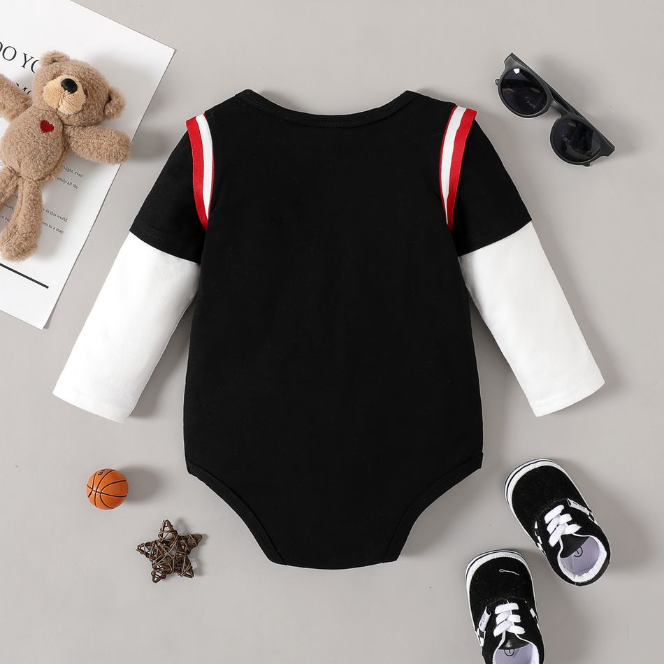 Baby Boy 95% Cotton Long-sleeve Faux-two Basketball Bear & Letter Print Romper ColorBlock big image 2