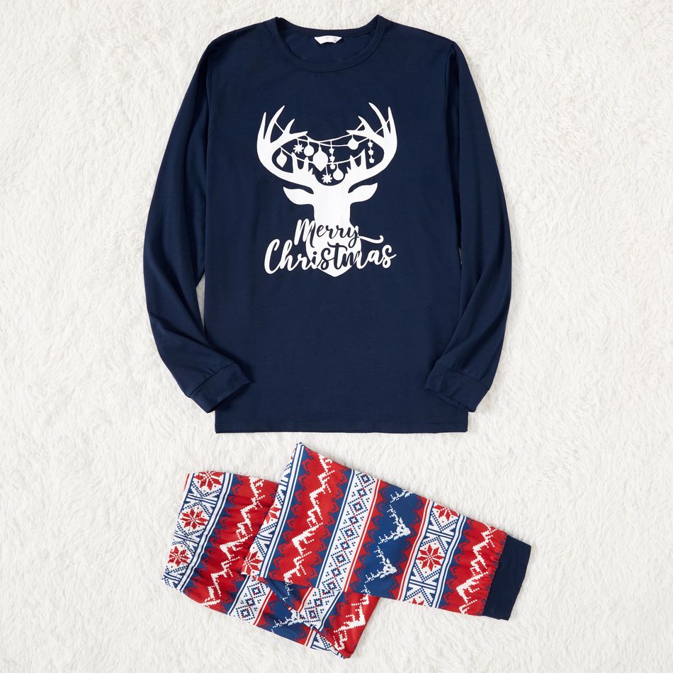 Christmas Deer & Letter Print Family Matching Long-sleeve Pajamas Sets (Flame Resistant) Blue big image 2