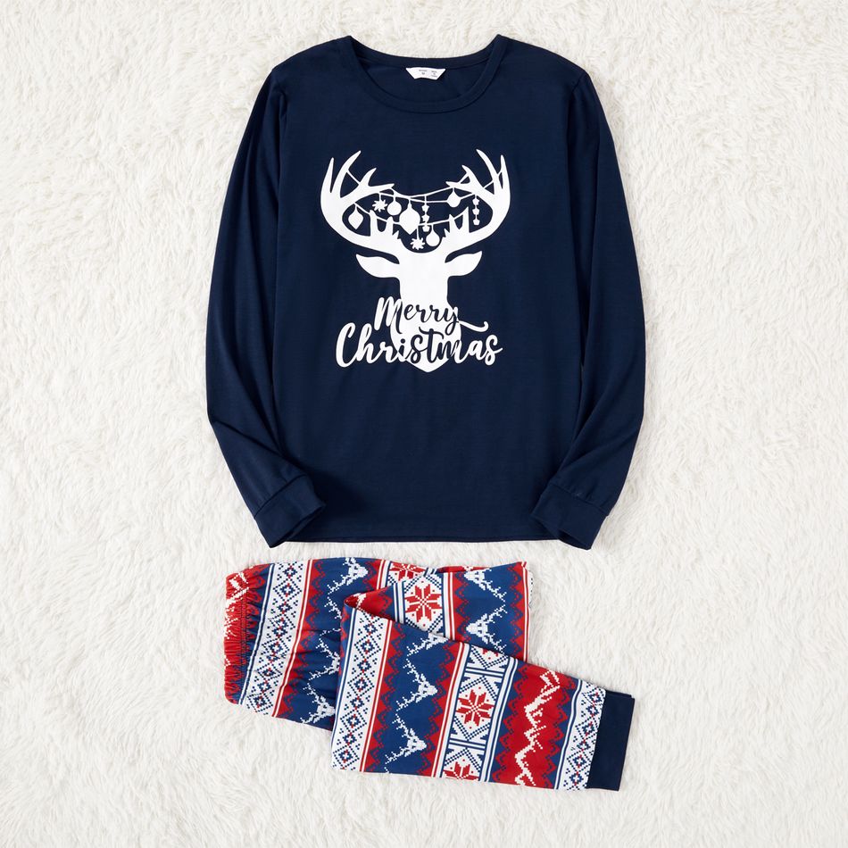 Christmas Deer & Letter Print Family Matching Long-sleeve Pajamas Sets (Flame Resistant) Blue big image 3