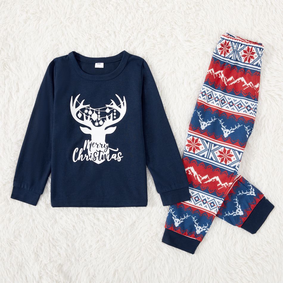 Christmas Deer & Letter Print Family Matching Long-sleeve Pajamas Sets (Flame Resistant) Blue big image 4