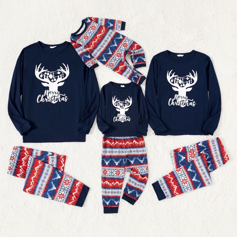 Christmas Deer & Letter Print Family Matching Long-sleeve Pajamas Sets (Flame Resistant) Blue big image 1