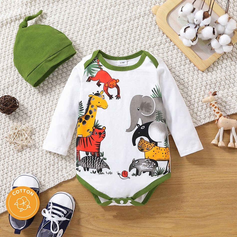 100% Cotton 2pcs Baby Boy/Girl Animals Print Contrast Binding Long-sleeve Romper with Hat Set White