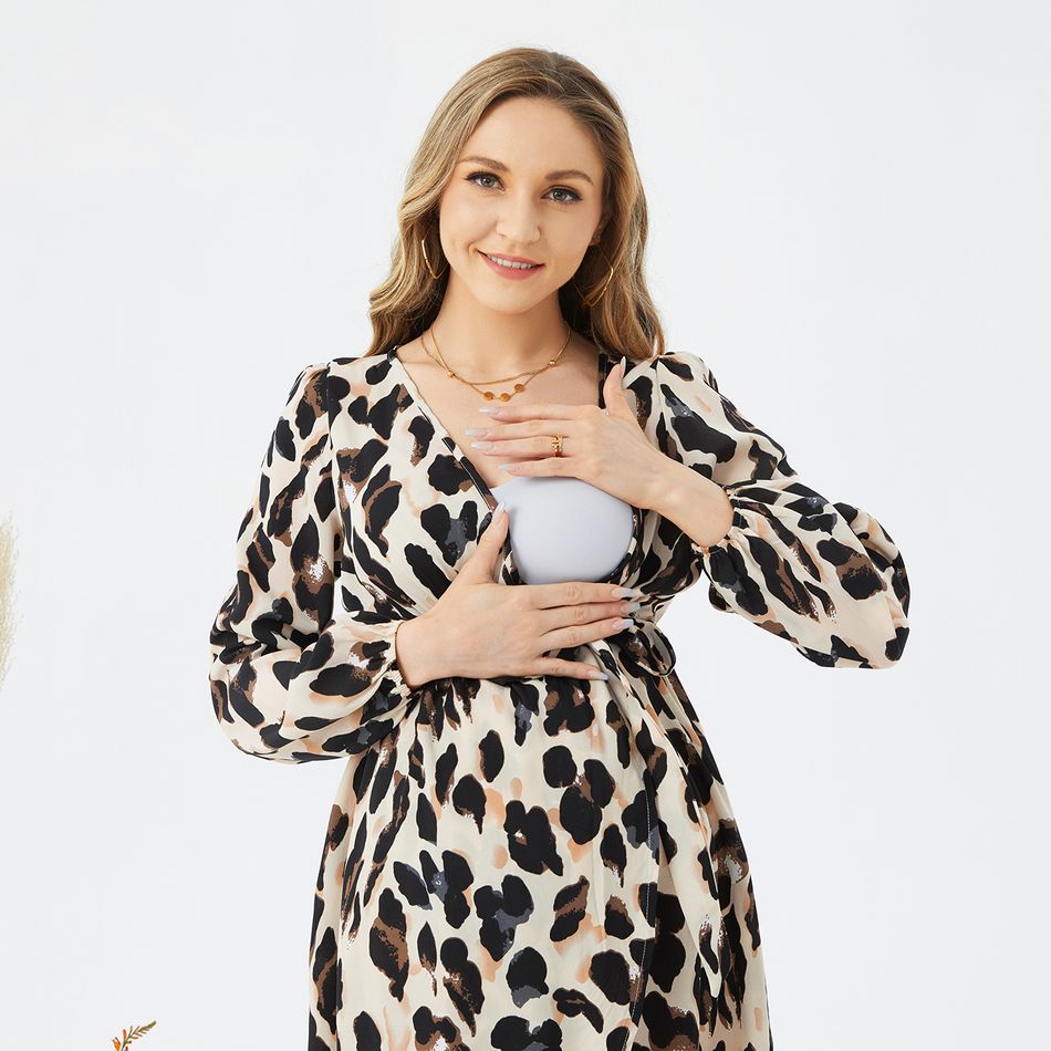 Nursing Allover Leopard Print Long-sleeve Belted Dress LightApricot