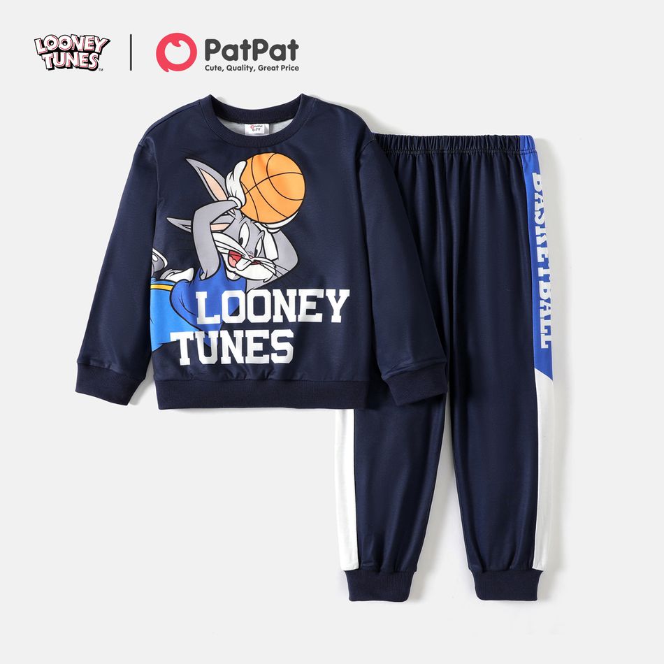 Looney Tunes 2pcs Kid Boy Letter Basketball Print Sweatshirt and Colorblock Pants Set Blue