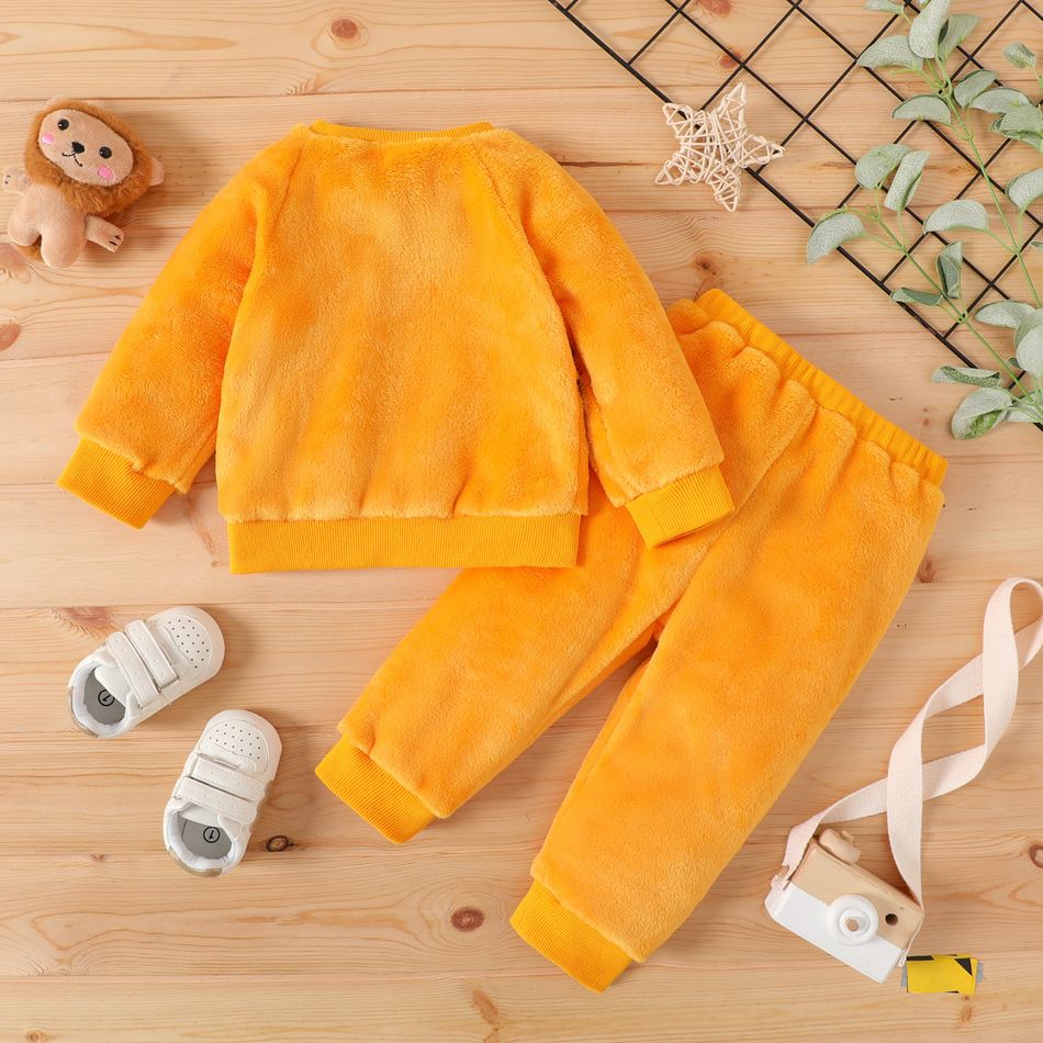 2pcs Baby Boy Long-sleeve Tiger Embroidered 3D Ears Decor Fuzzy Pullover and Pants Set Yellow big image 2