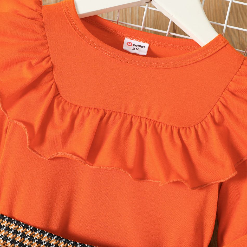2pcs Toddler Girl Ruffled Long-sleeve Orange Tee and Houndstooth Pleated Skirt Set Orange big image 3