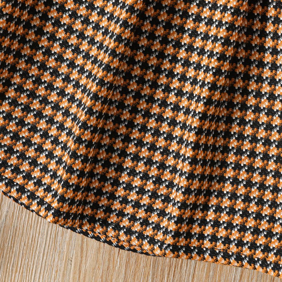 2pcs Toddler Girl Ruffled Long-sleeve Orange Tee and Houndstooth Pleated Skirt Set Orange big image 5
