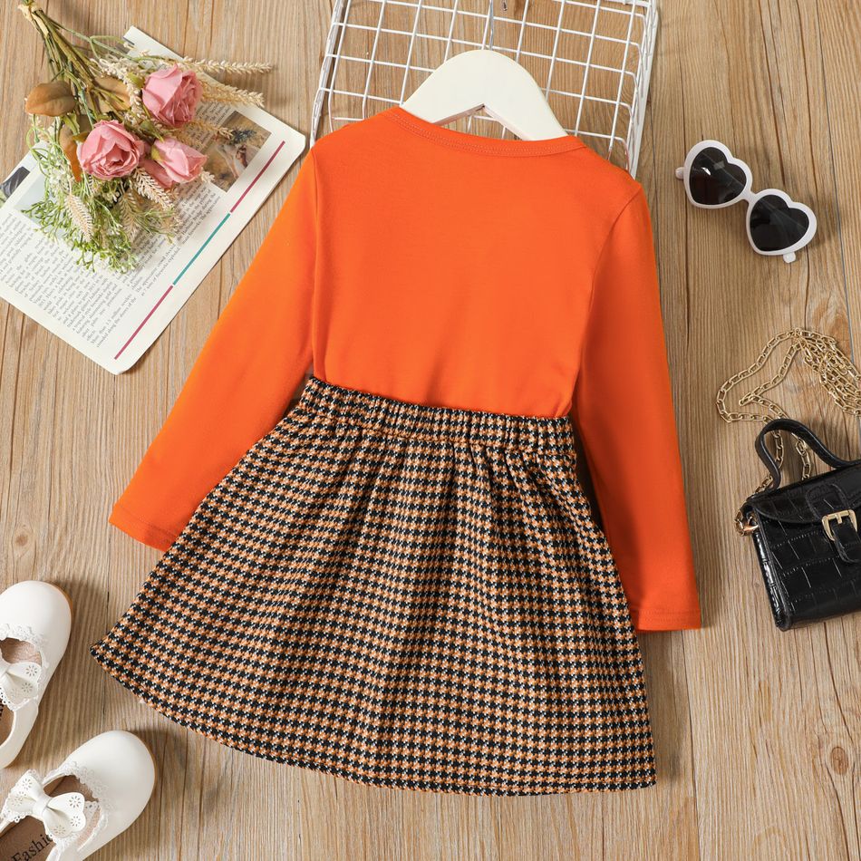 2pcs Toddler Girl Ruffled Long-sleeve Orange Tee and Houndstooth Pleated Skirt Set Orange big image 2