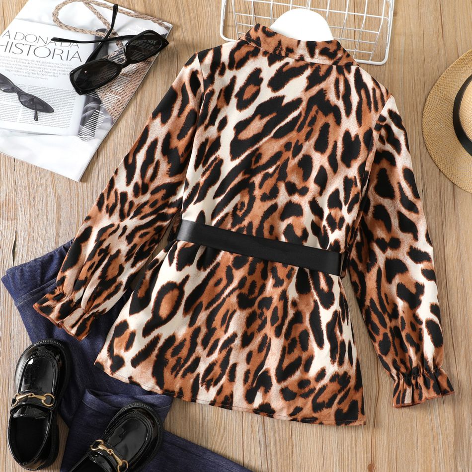 Kid Girl Leopard Print Lapel Collar Belted Long-sleeve Blouse Multi-color big image 6