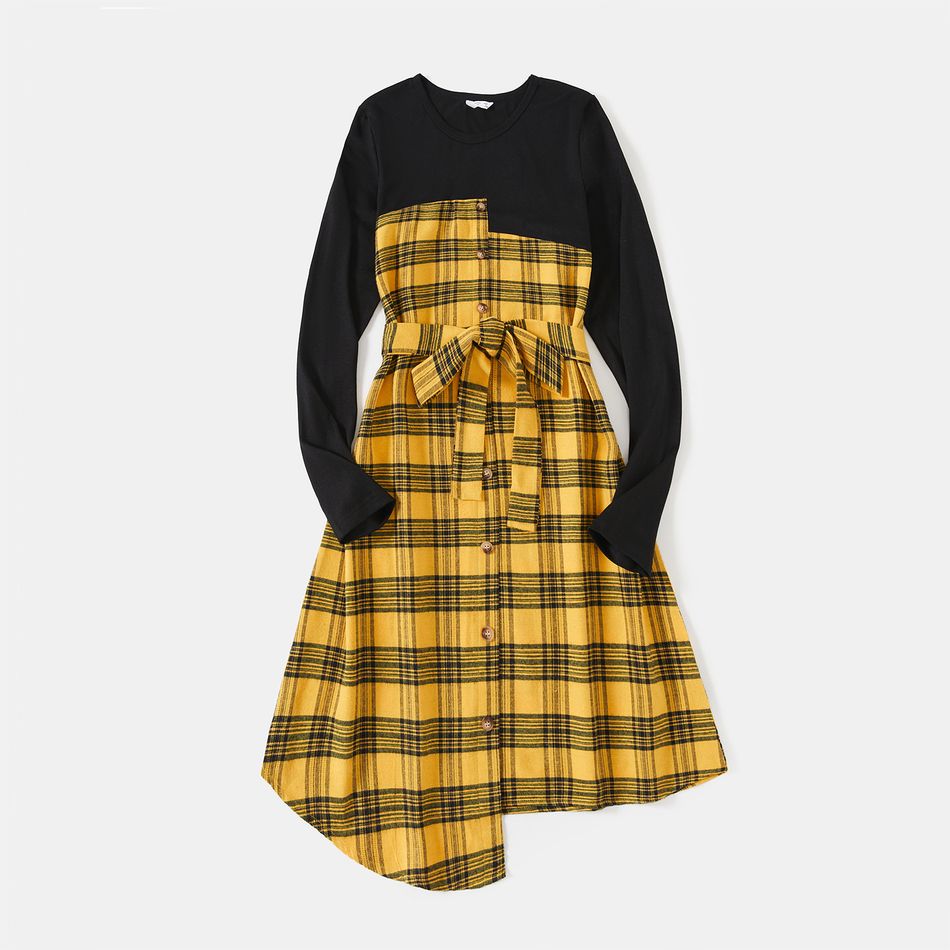 Family Matching Yellow Plaid Spliced Belted Asymmetric Hem Dresses and Long-sleeve Button Up Shirts Sets Yellow big image 7
