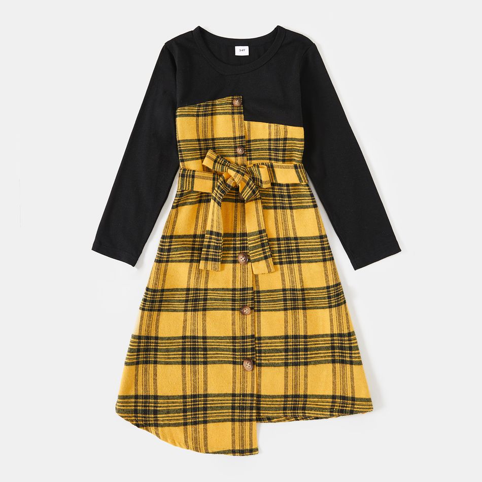 Family Matching Yellow Plaid Spliced Belted Asymmetric Hem Dresses and Long-sleeve Button Up Shirts Sets Yellow big image 2
