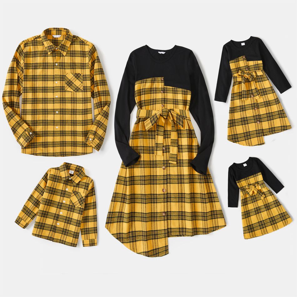 Family Matching Yellow Plaid Spliced Belted Asymmetric Hem Dresses and Long-sleeve Button Up Shirts Sets Yellow