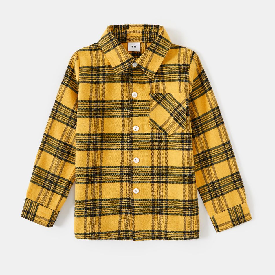 Family Matching Yellow Plaid Spliced Belted Asymmetric Hem Dresses and Long-sleeve Button Up Shirts Sets Yellow big image 13