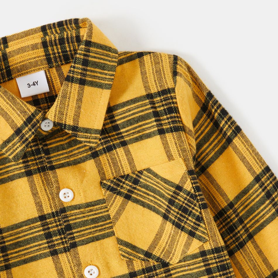 Family Matching Yellow Plaid Spliced Belted Asymmetric Hem Dresses and Long-sleeve Button Up Shirts Sets Yellow big image 14