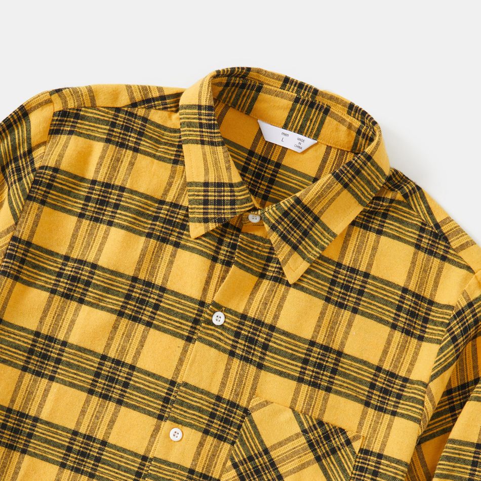 Family Matching Yellow Plaid Spliced Belted Asymmetric Hem Dresses and Long-sleeve Button Up Shirts Sets Yellow big image 11