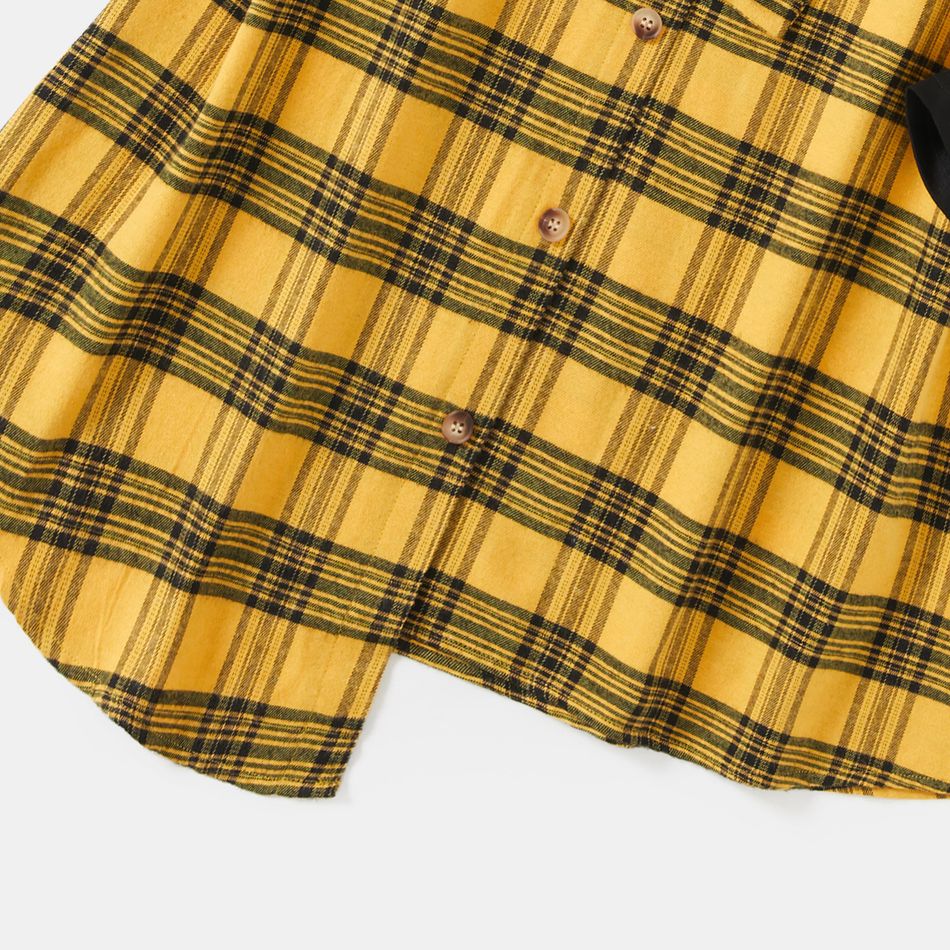 Family Matching Yellow Plaid Spliced Belted Asymmetric Hem Dresses and Long-sleeve Button Up Shirts Sets Yellow big image 6